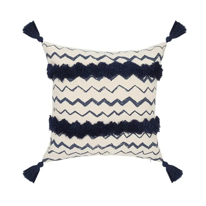 Cream-colored cushion cover with navy blue ethnic geometric printed patterns and tassels for living room decorbites decor
