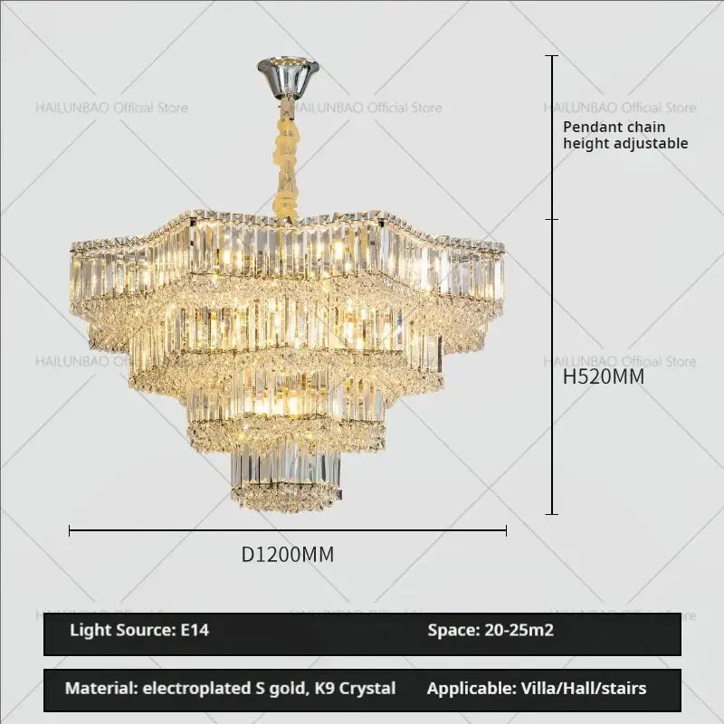 European chrome multi tier light crystal chandelier with cascading K9 crystal rods and electroplated gold finish by decorbites light crystal