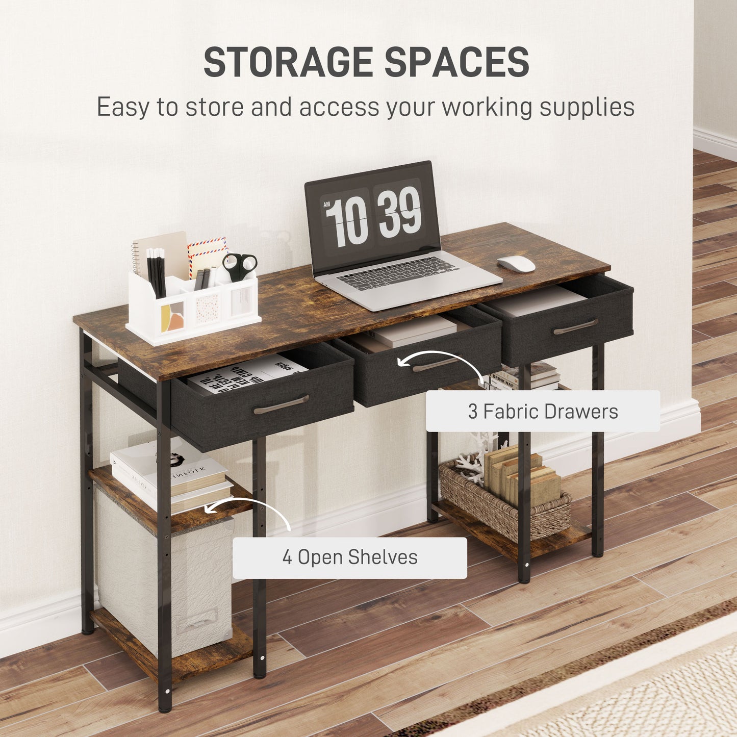 47 Small Computer Desk, Writing Desk With Fabric Drawers, Home Office Desk With Adjustable Shelves, Rustic Brown