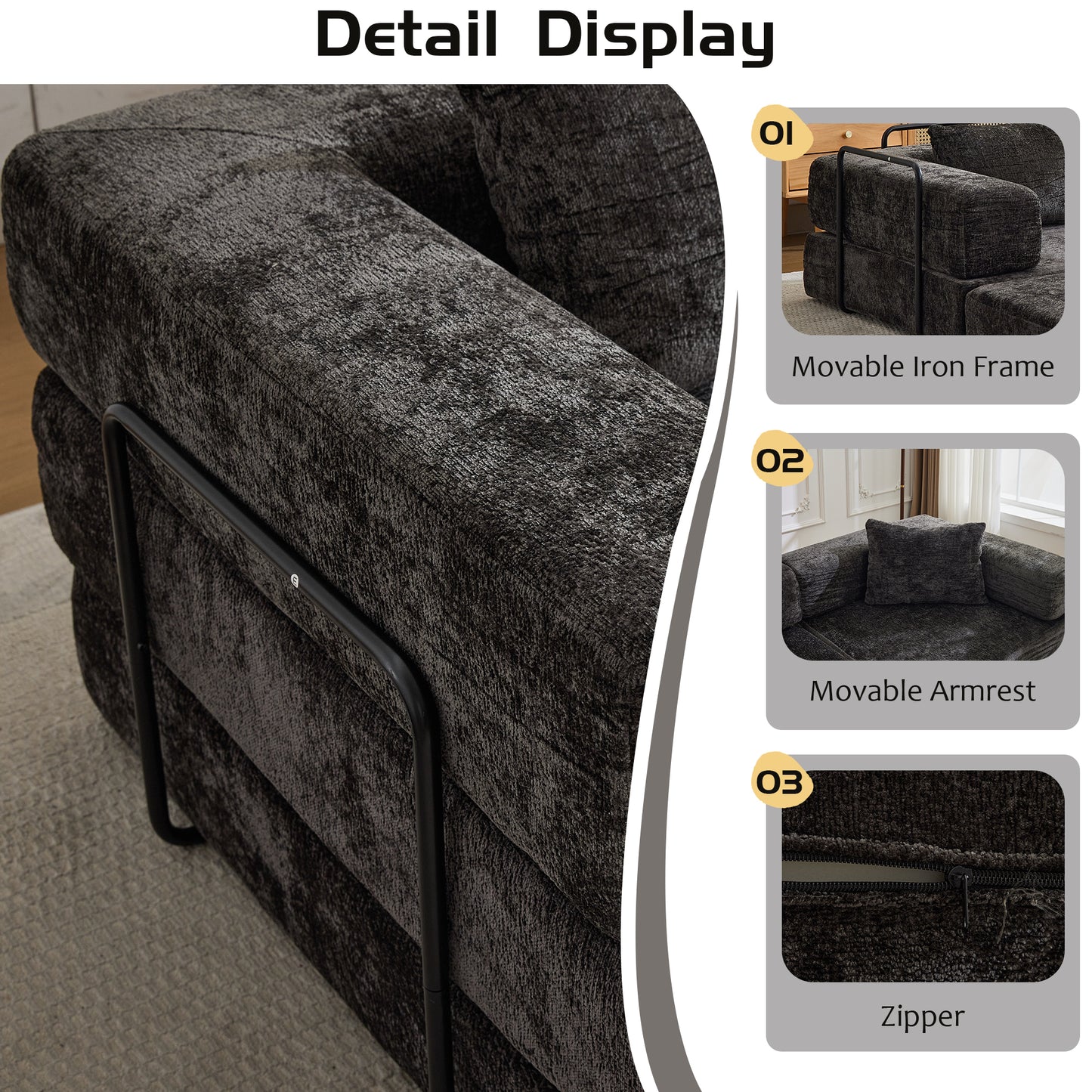 Compression Sofa,Convertible Floor Sofa Bed With Fixed-Shape Frame, Boneless Modular Sectional Sofa,No Assembly Required,Chenille Fabric,for Living Room Bedroom,Black