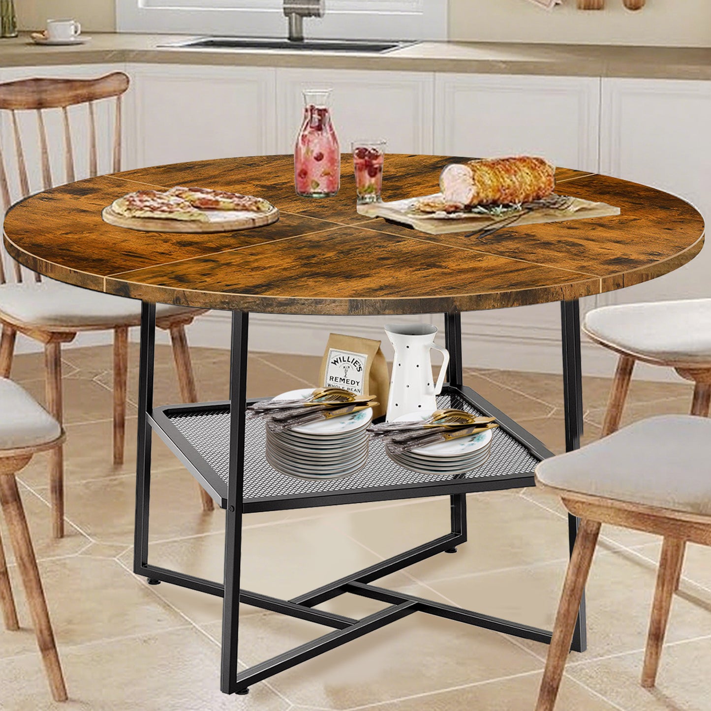 51'' Round Dining Table For 4-6 Tiger Stripes Black Wooden Dining Room Table With Storage Shelf Space Saving Circle Dinner Table With Metal Legs For Kitchen Living Room Dining Restaurant Furniture