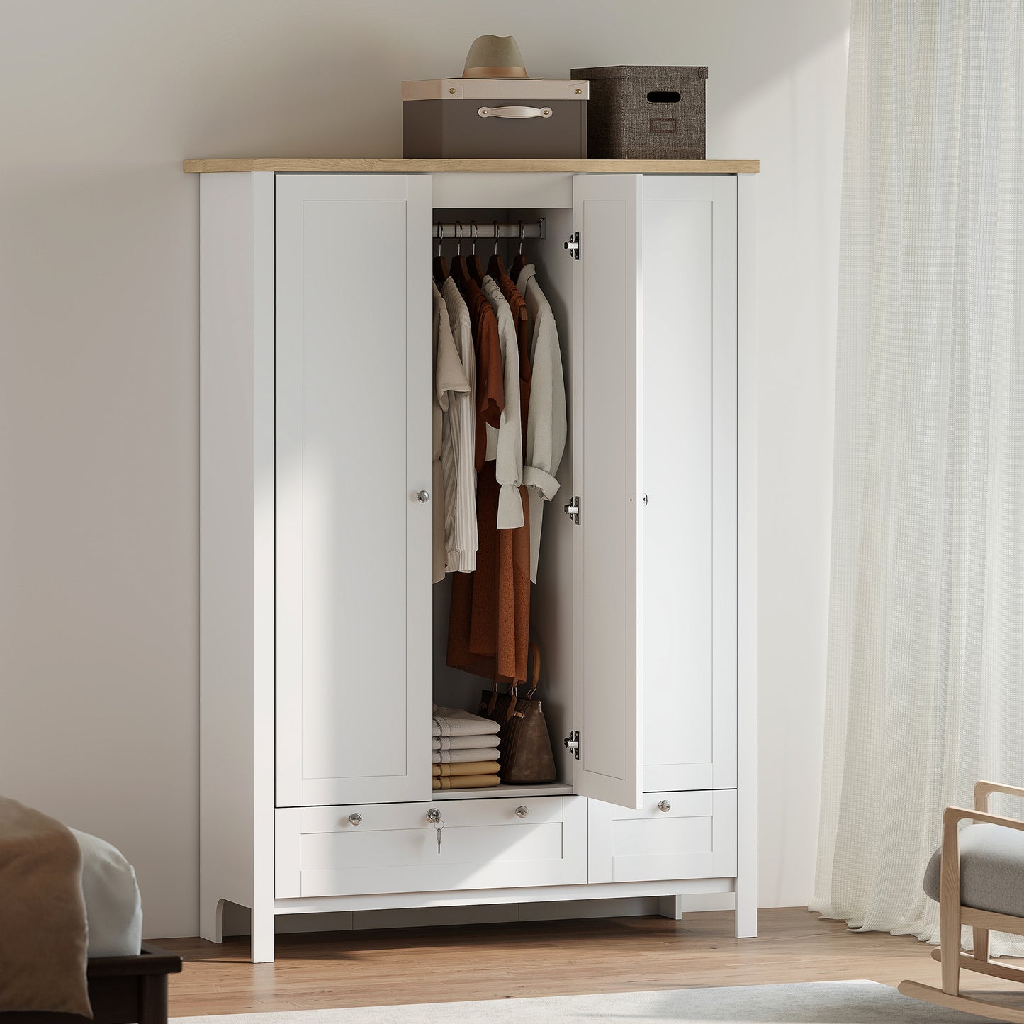 3 Doors Wardrobe Closet with 2 Drawers