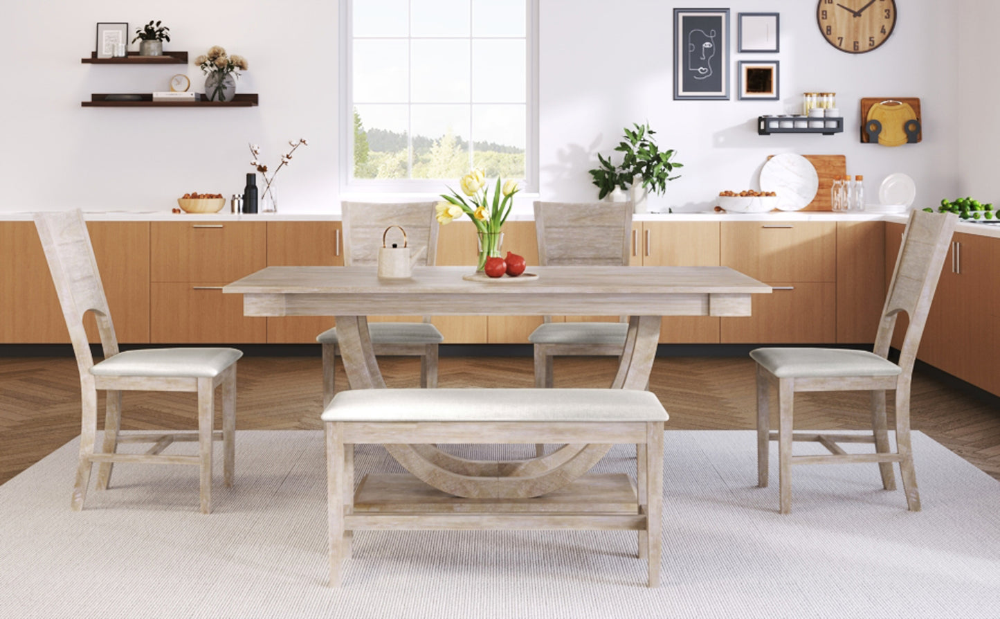 TOPMAX 6-Piece Wood Half Round Dining Table Set With Long Bench & 4 Chairs