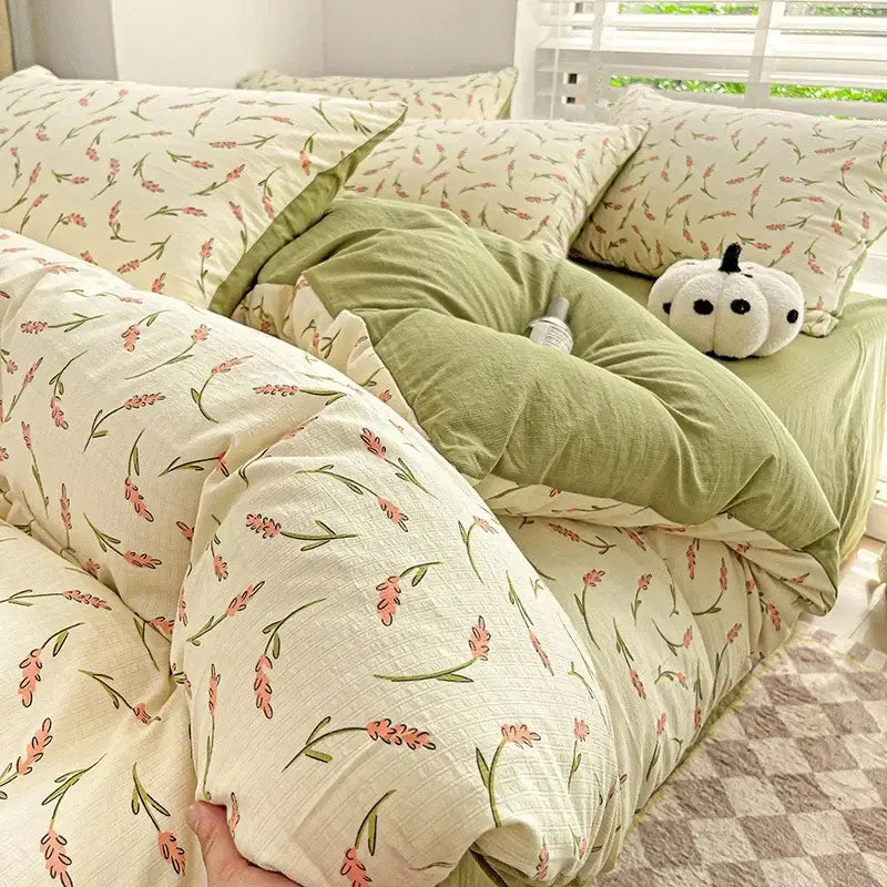 Soft cream comforter set with delicate pink and green floral decorbites cotton flower print and olive green pillowcase