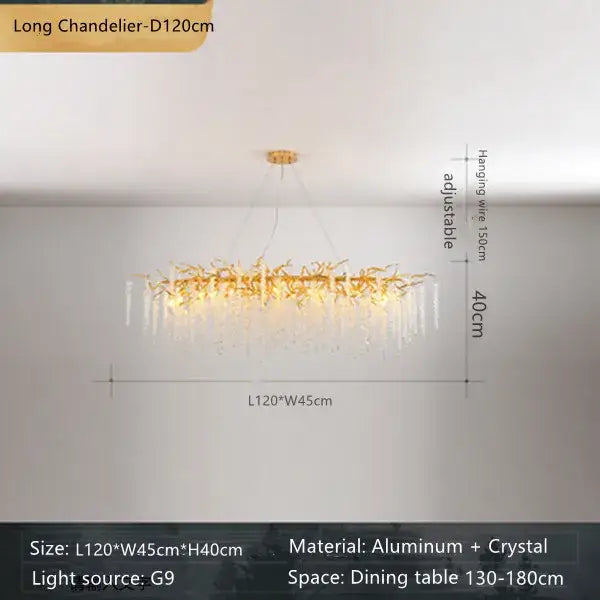 French golden crystal branch chandelier with gold-toned aluminum frame and dangling crystal droplets by decorbites crystal branch