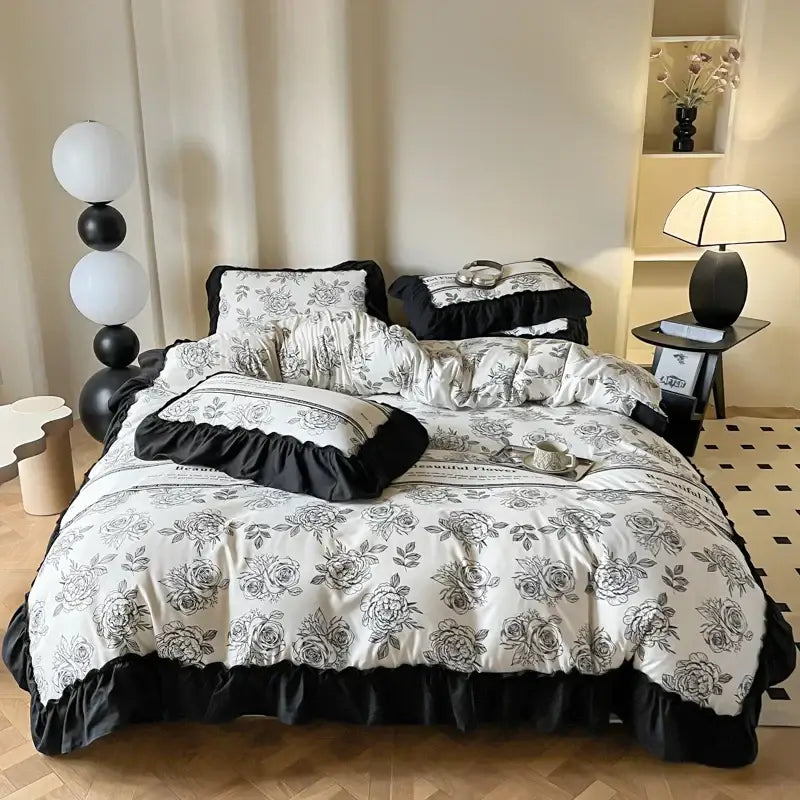 French vintage black and cream floral duvet cover set with ruffled edges for bedroom bedding