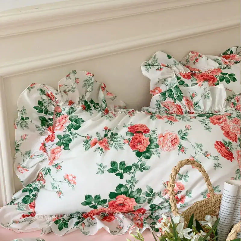 White pillowcase with ruffled edges featuring a french vintage rose floral pattern from decorbites bedding set