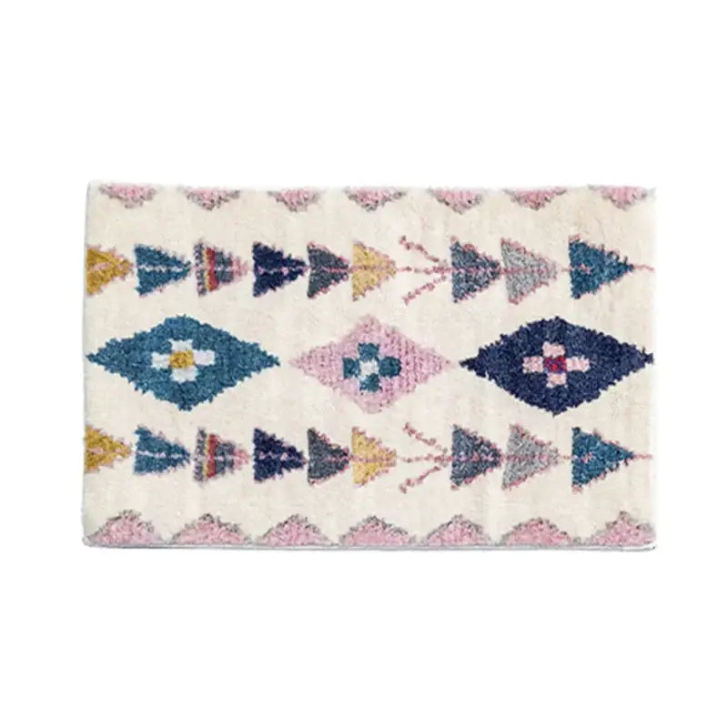 Off-white woven decorbites boho runner rug with colorful geometric diamond and triangular motifs for entryway use