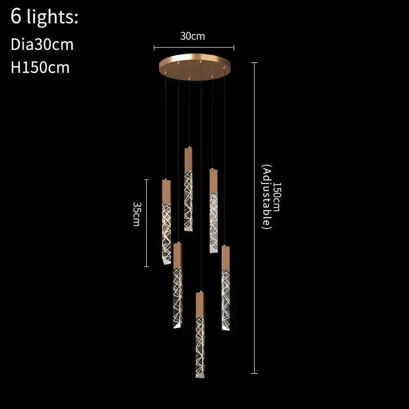 Modern copper-toned decorbites crystal led chandelier with six adjustable glass fixtures for staircase or living room lighting
