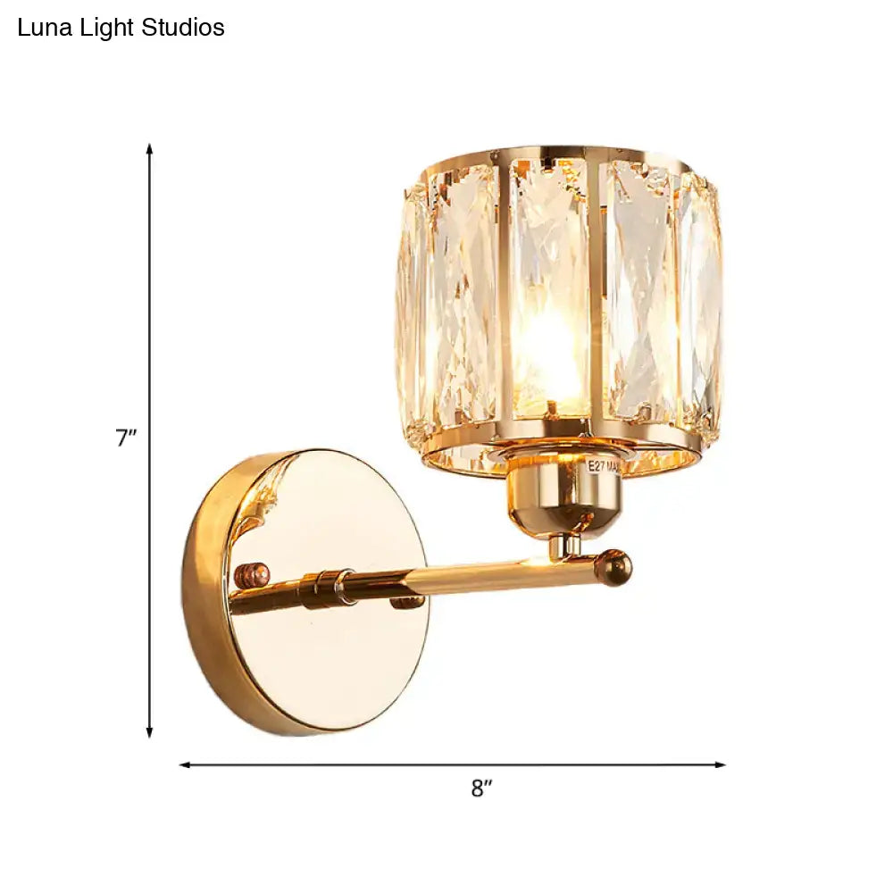 Gold wall lamp with beveled cut crystal cylindrical shade sconce light fixture for bedroom lighting