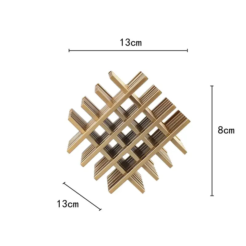 Gold-colored geometric block metal wine rack with interwoven wooden lattice for modern decorbites geometric block decor