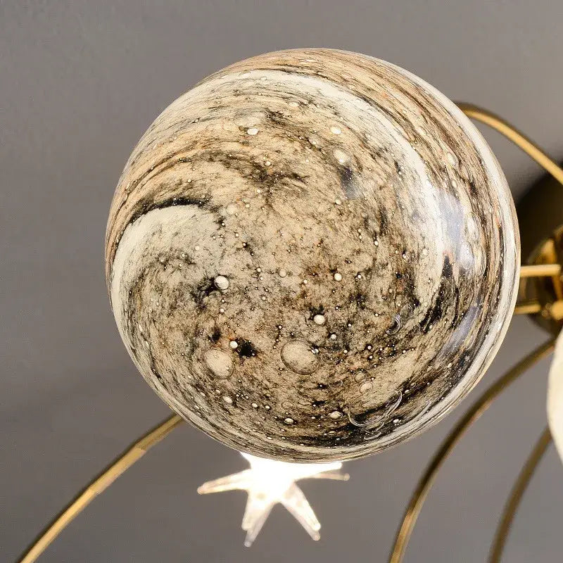 Golden glass ball planet chandelier with beige brown marbled glass ball and white speckles for kids room decorbites glass ball