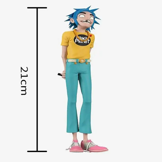 A 21cm tall gorillaz band resin figurine with spiky blue hair wearing yellow black planet t-shirt and teal pants for decorbites gorillaz band collection