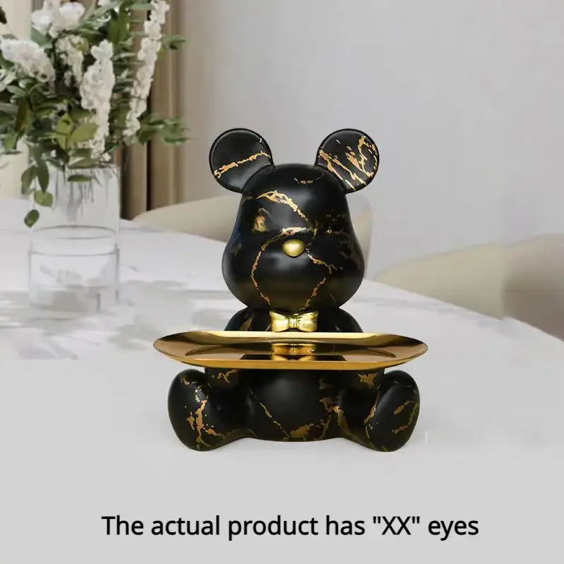 Black marble-finish bear figurine with gold veining and tray decorbites graffiti bear living room storage sculpture