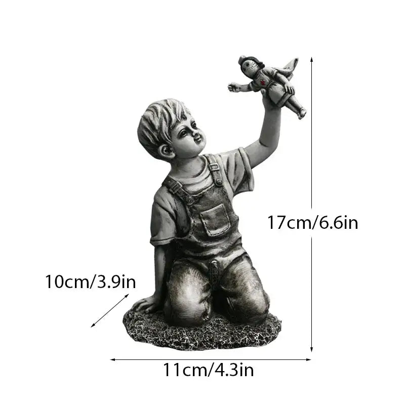 Gray resin super nurse angel boy statue kneeling holding doll for living room decor in overalls