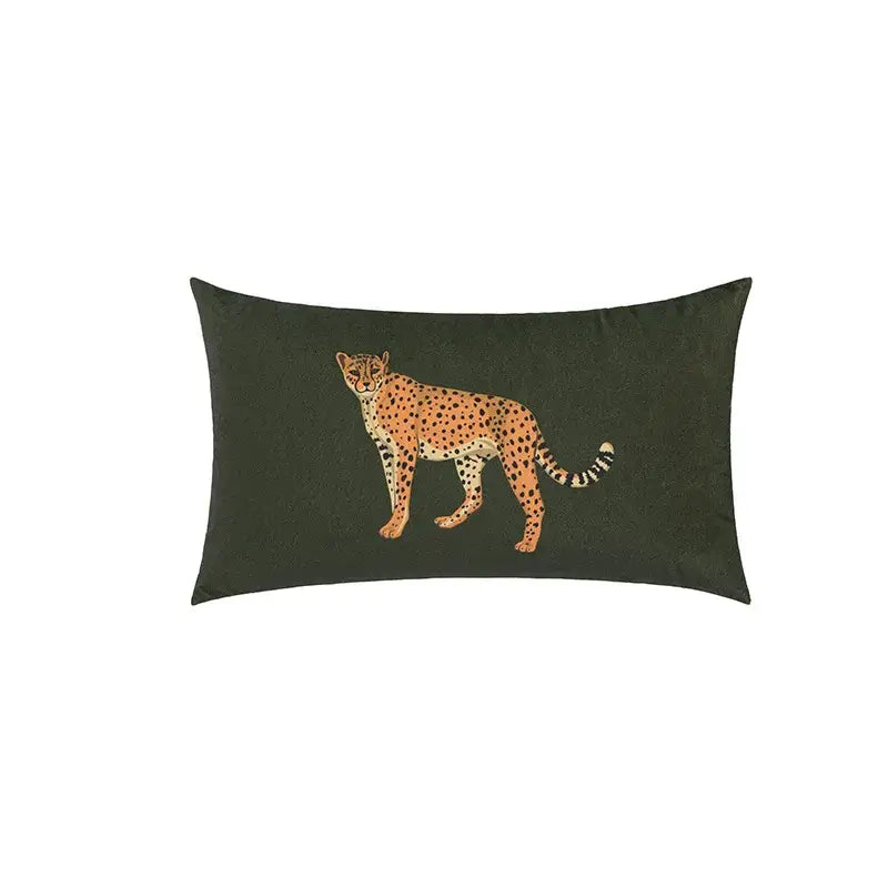 Dark green rectangular premium cushion cover with embroidered tan and black spotted cheetah for green jungle decor