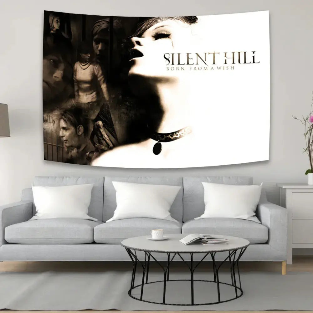 Black and white silent hill born from a wish tapestry featuring horror movie character decorbites horror movie decor above sofa