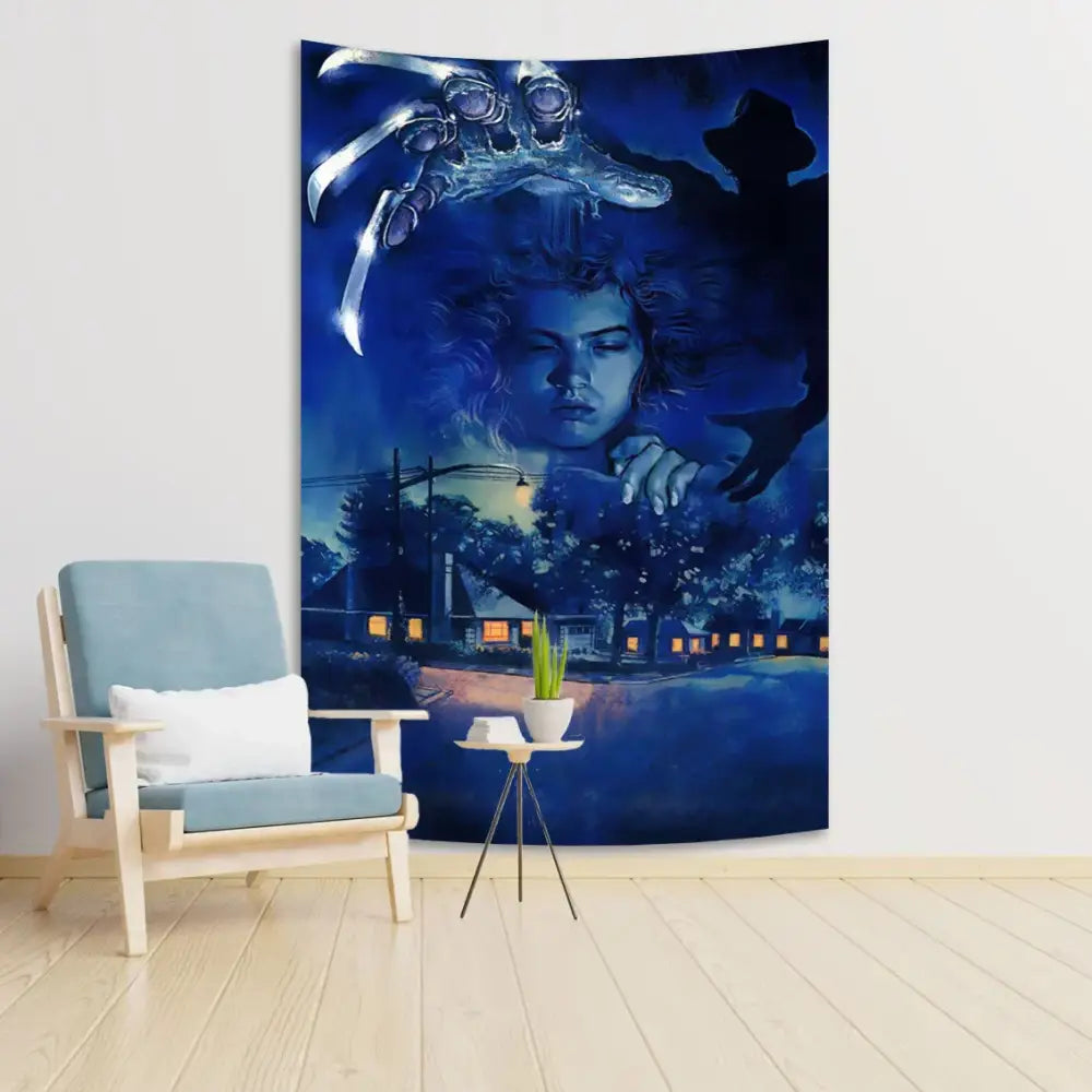 Dark blue horror movie wall tapestry featuring freddy krueger claw and ghostly figure for bedroom decor