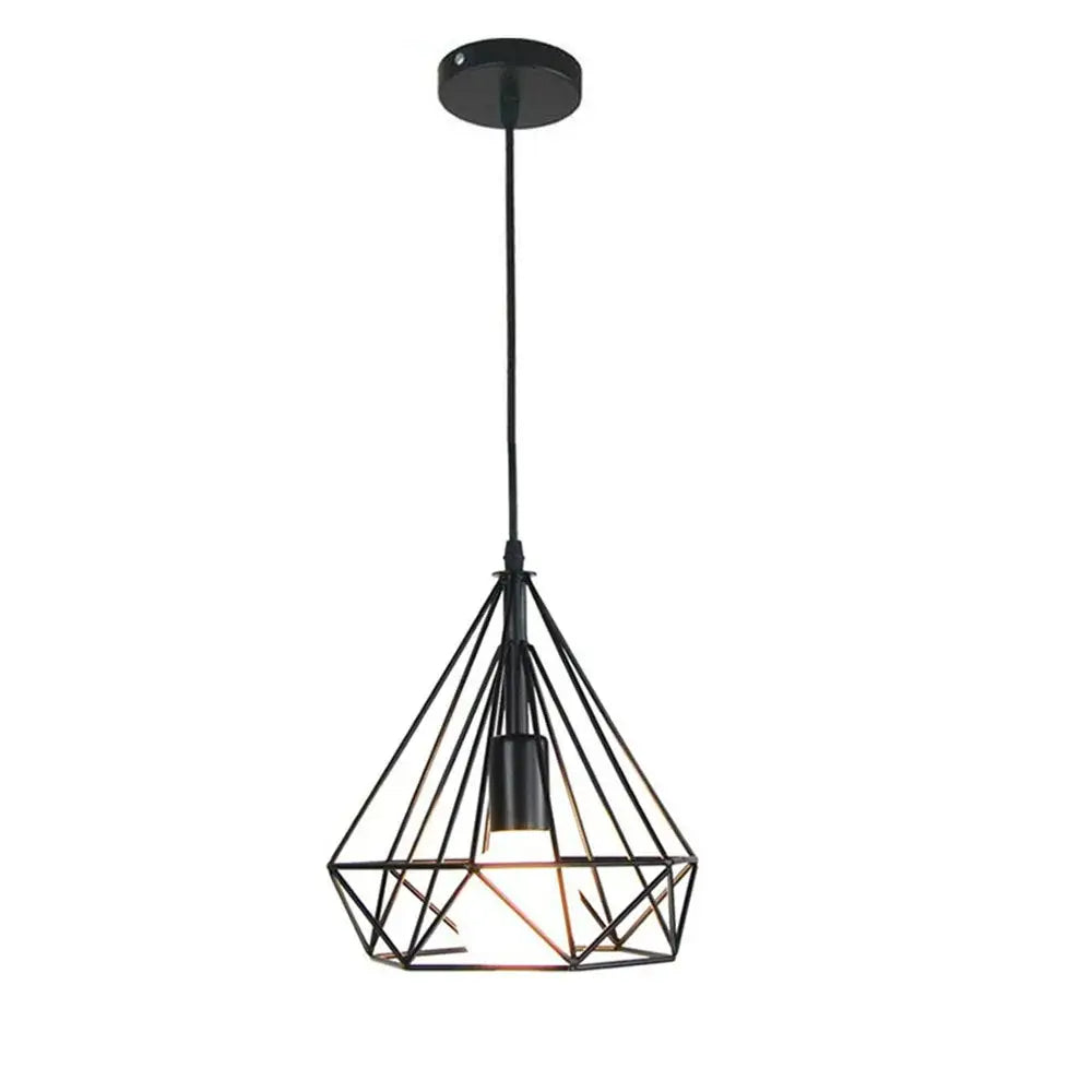 Black metal geometric pendant light with diamond-shaped cage design for dining room decorbites industrial led pendant