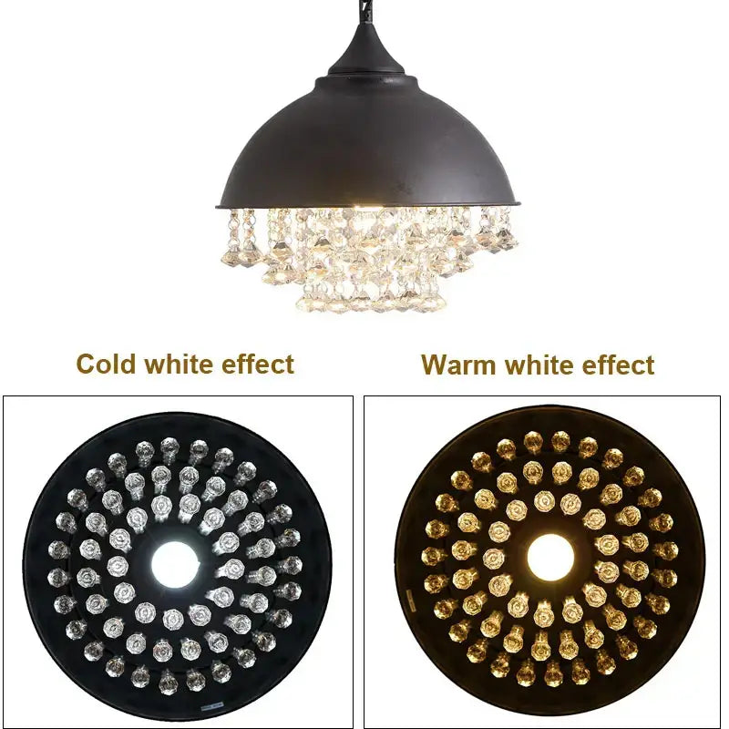 Industrial black iron crystal chandelier kitchen pendant light with dangling beads and cold or warm white lighting options
