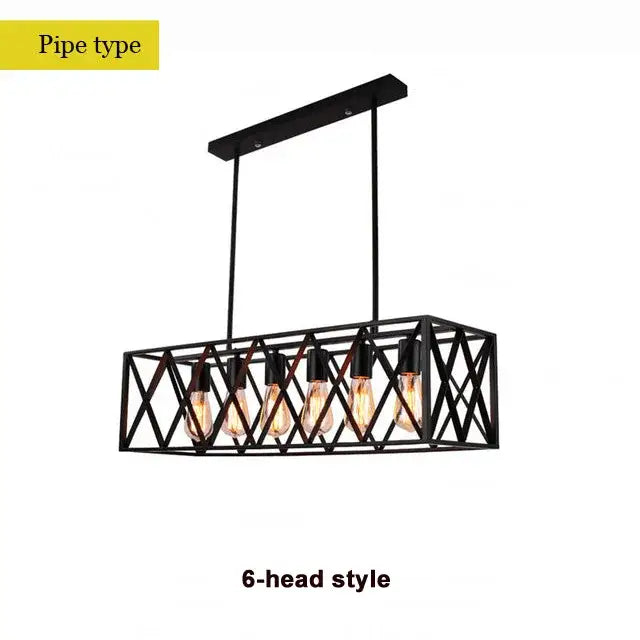 Industrial black lattice chandelier featuring a black metal pipe style pendant light with six exposed edison bulbs for decorbites industrial decor
