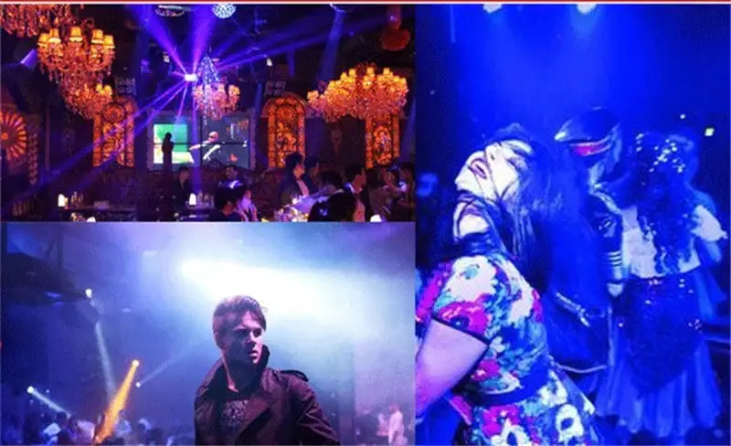 A woman in a vibrant floral dress dances under blue stage lights from an industrial black metal strobe flash atomic light