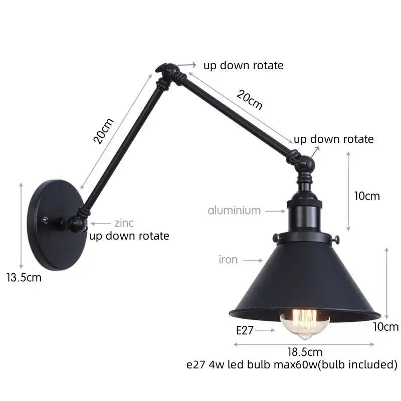 Black industrial-style adjustable wall sconce with pull chain switch made of aluminum and iron for bedroom lighting