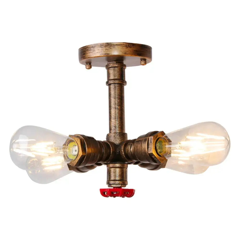 Industrial bronze ceiling light fixture with brass pipe and valve design featuring two exposed Edison bulbs for living room