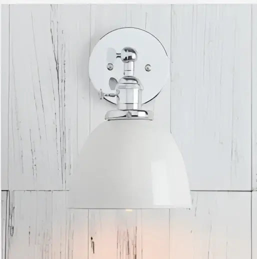 White ceramic bell-shaped wall sconce light with polished chrome bracket for industrial chrome and black wall sconce lights