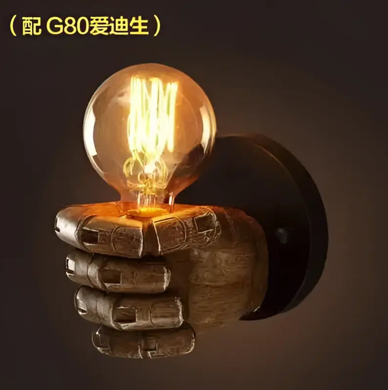 Rustic wooden hand-shaped industrial fist resin wall lamp with glowing filament bulb for vintage bedroom decorbites industrial fist