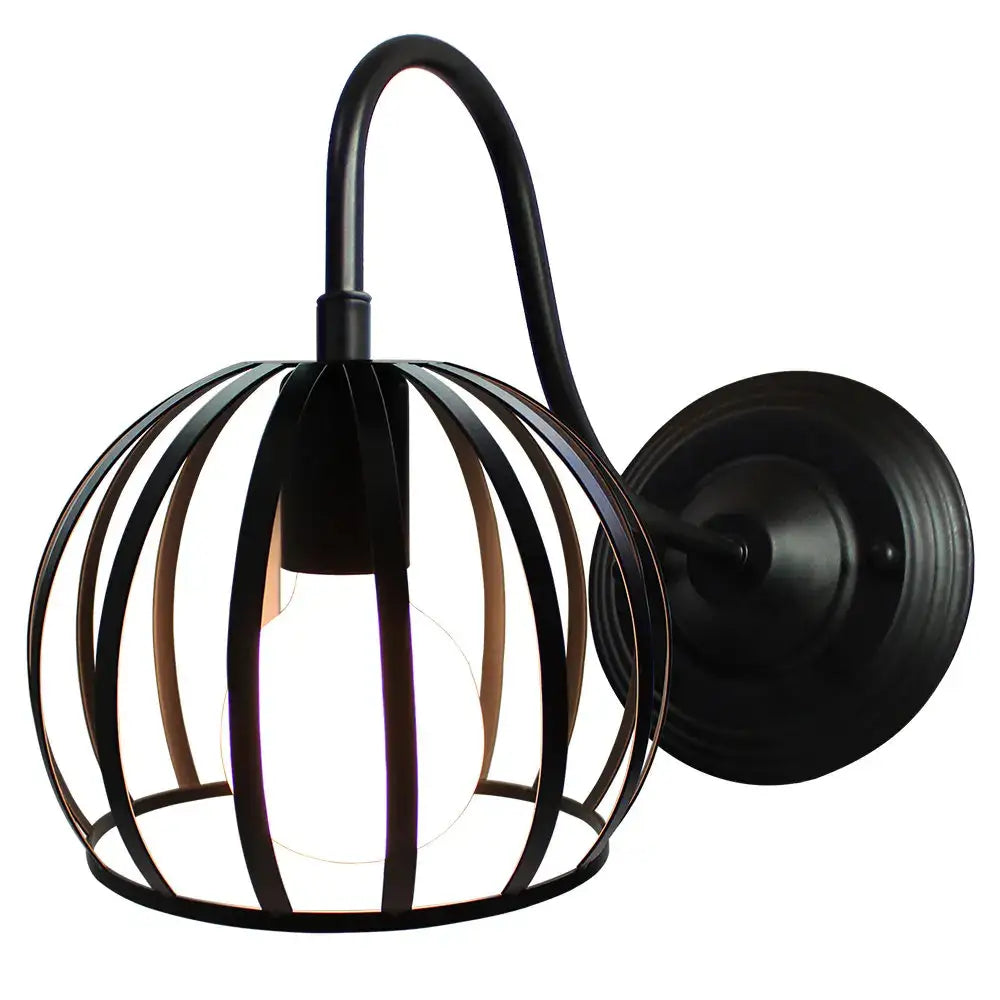 Black wrought iron cage wall sconce with curved arm and circular base for decorbites industrial iron wall decor