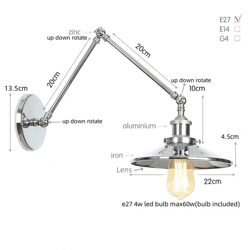 Adjustable industrial lens vintage wall lamp with polished chrome finish and articulated zinc aluminum arms for flexible decorbites industrial lens lighting