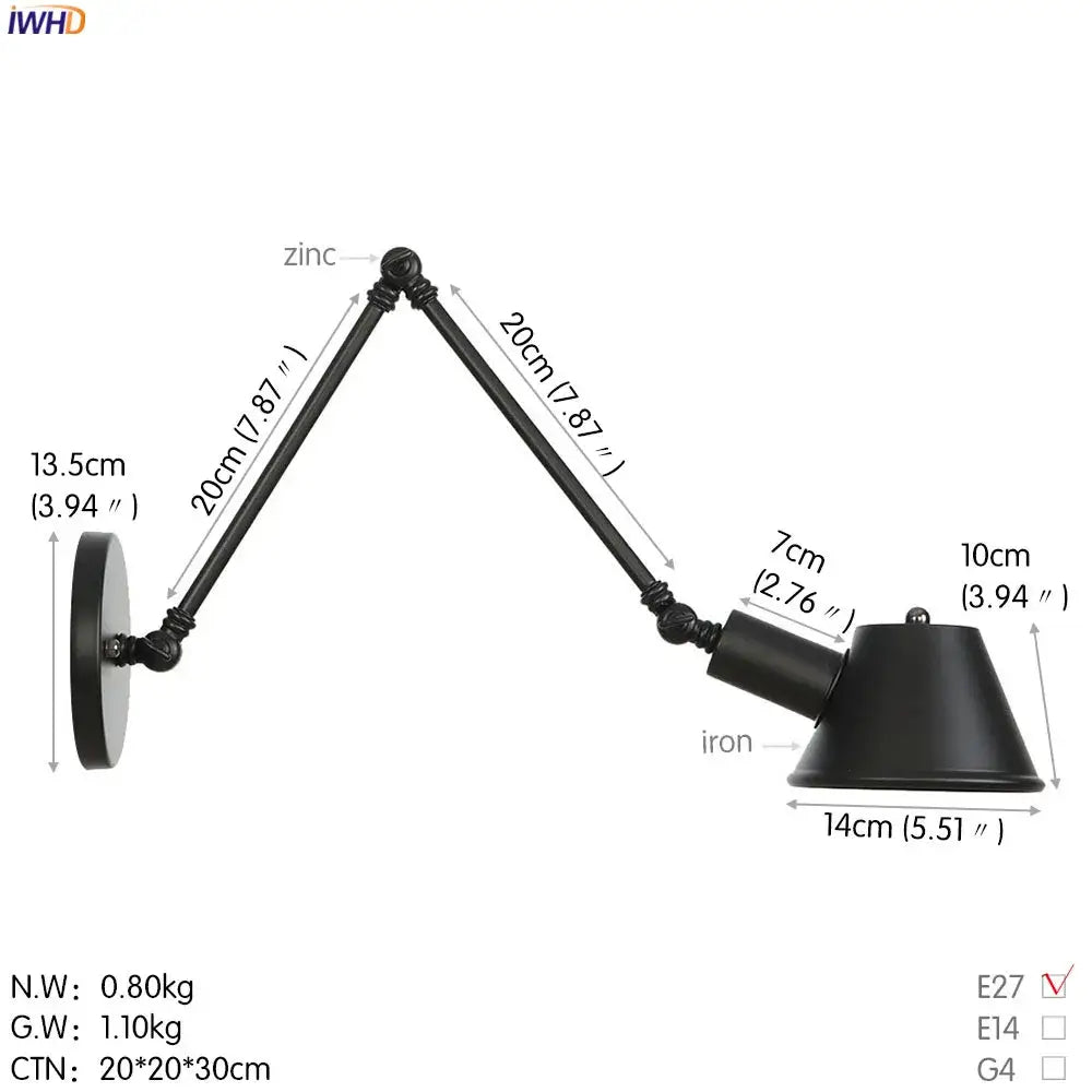 Black zinc and iron industrial matte black adjustable led wall light fixture with conical shade for bedroom use