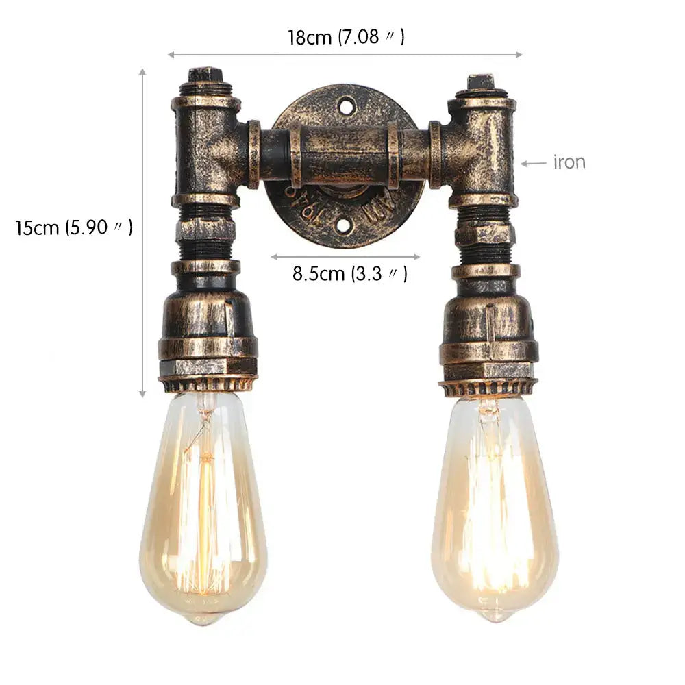 Industrial water pipe wall sconce made of rustic aged bronze iron with two exposed filament bulbs for living room decorbites industrial water