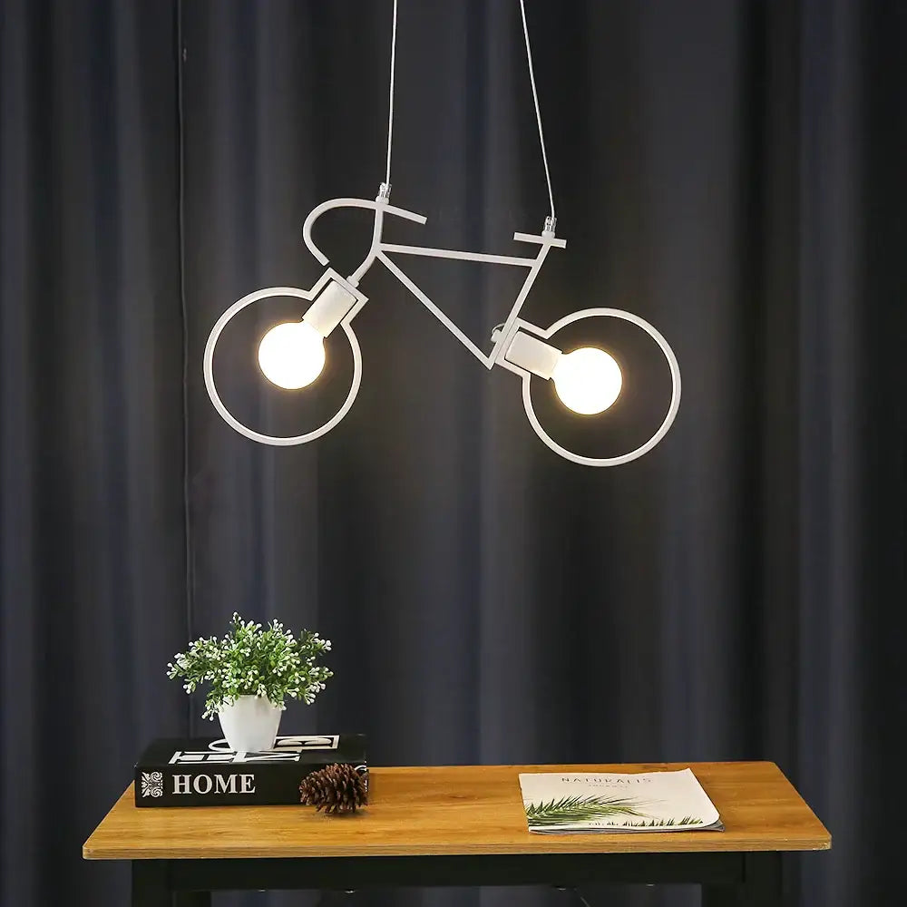 Industrial white iron bicycle pendant light with two glowing bulbs designed for stylish living room decor