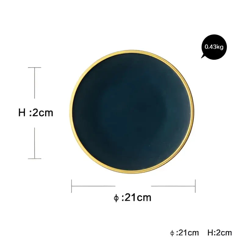 A deep navy blue decorbites ceramic dinner plate with a sleek gold rim measuring 21cm by 2cm