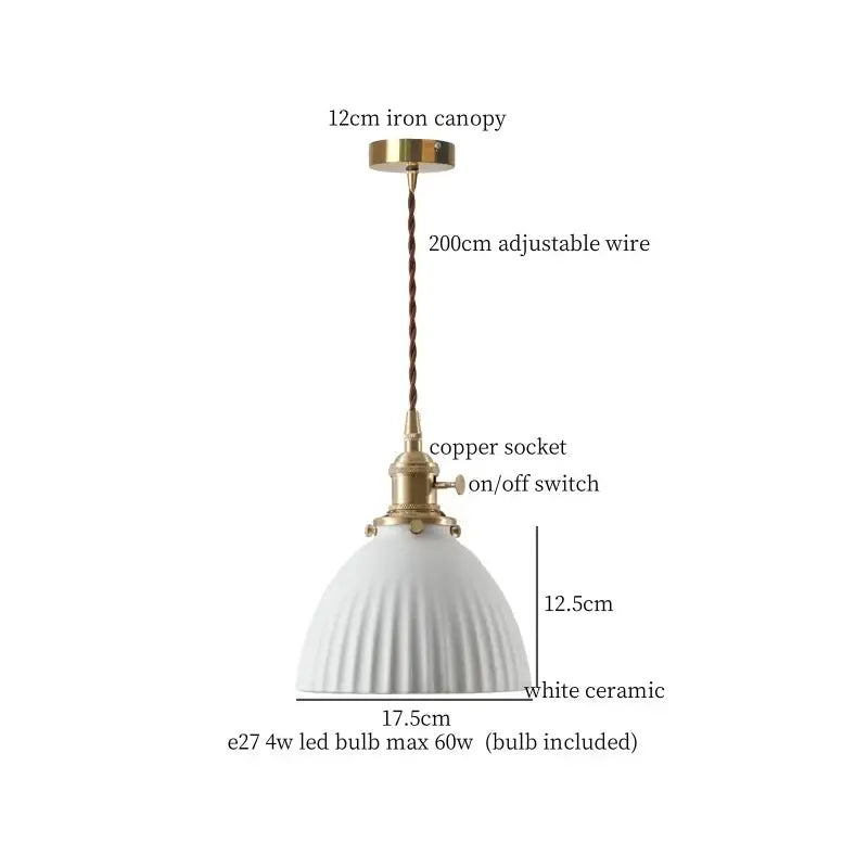 Japanese style white pleated ceramic LED hanging lamp with ribbed design and brass accents for dining room decorbites ceramic LED