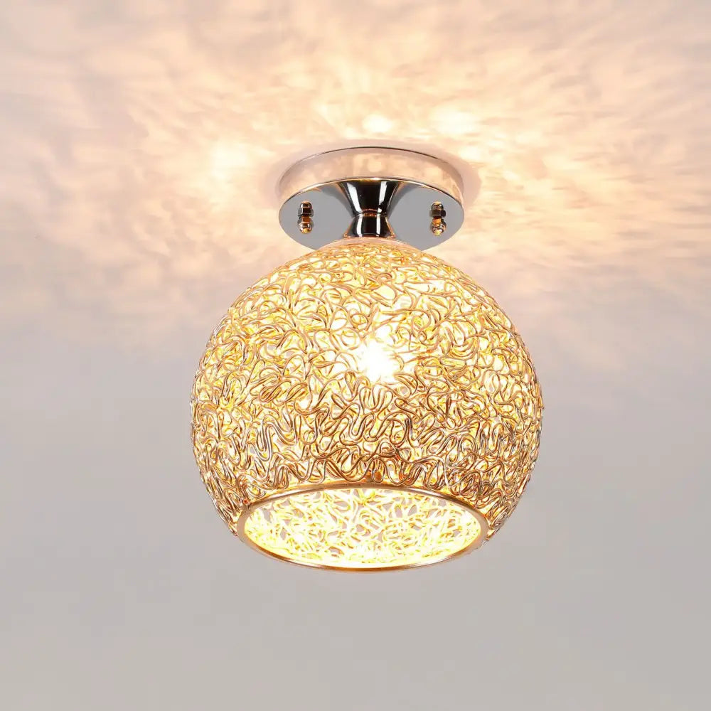 Gold-toned spherical ceiling lights with intricate woven metal filigree and polished chrome base for decorbites glass ball led