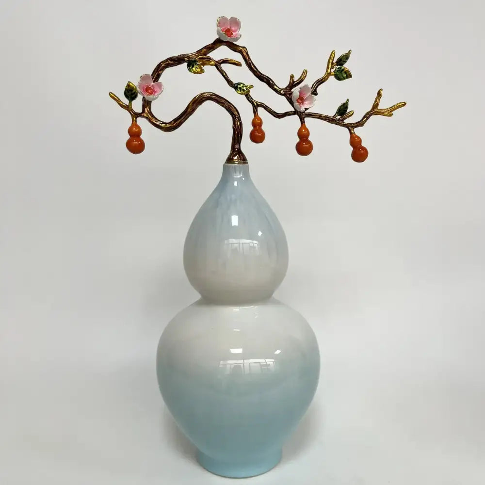 Luxury blue ceramic gourd vase with gold branch and pink blossoms ideal for elegant home office decoration