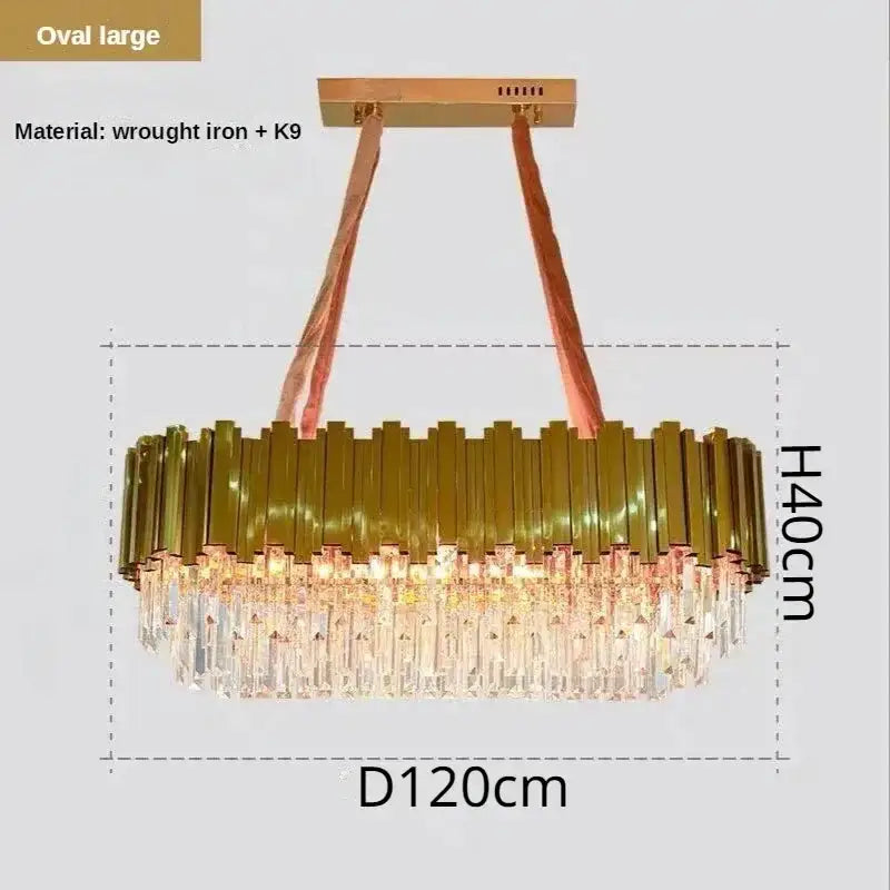 Luxury gold crystal ceiling chandelier with oval golden wrought iron k9 frame and cascading clear prisms decorbites crystal ceiling