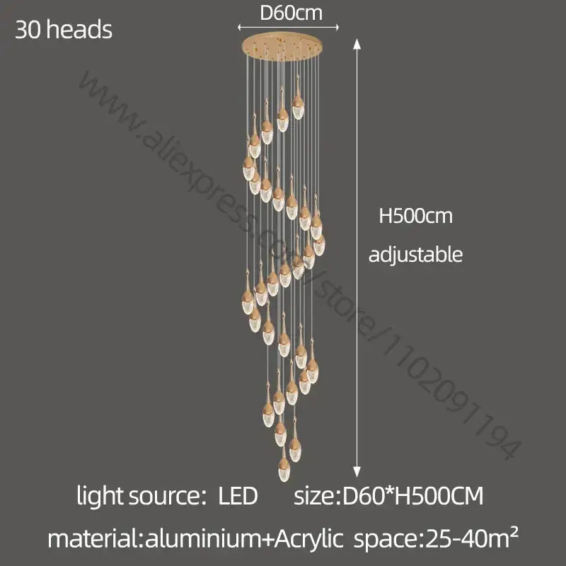 Luxury gold led staircase chandelier with 30 adjustable heads and teardrop acrylic lights for decorbites gold led decor