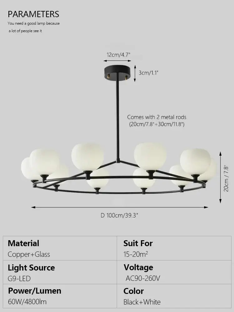 Minimalist black decorbites copper glass chandelier with white frosted globe shades for dining room lighting