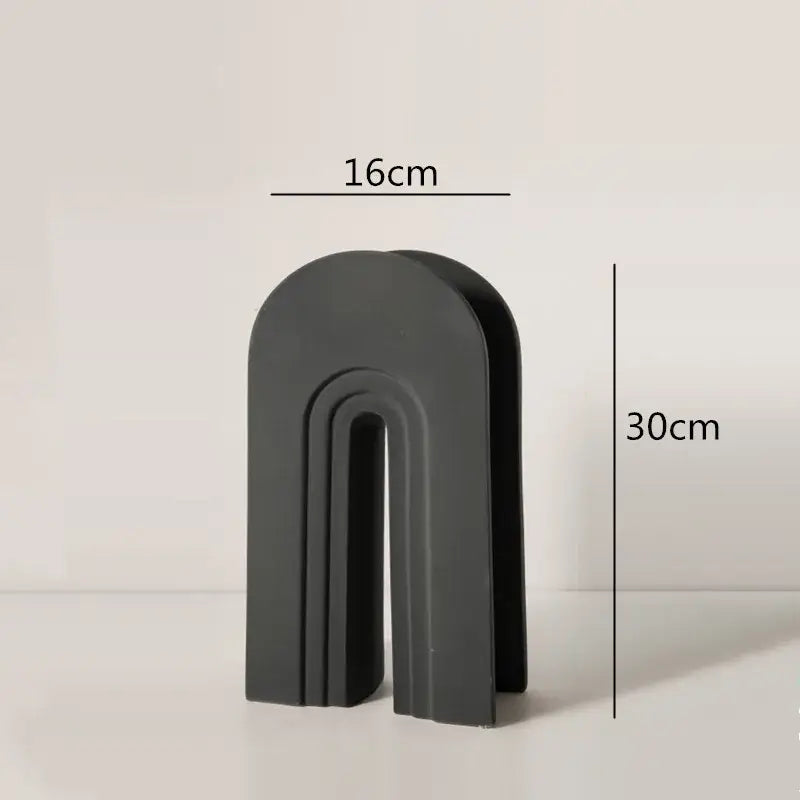 Black matte finish arch-shaped geometric stripes ceramic decorbites geometric stripes vase 16cm wide 30cm tall for living room decor
