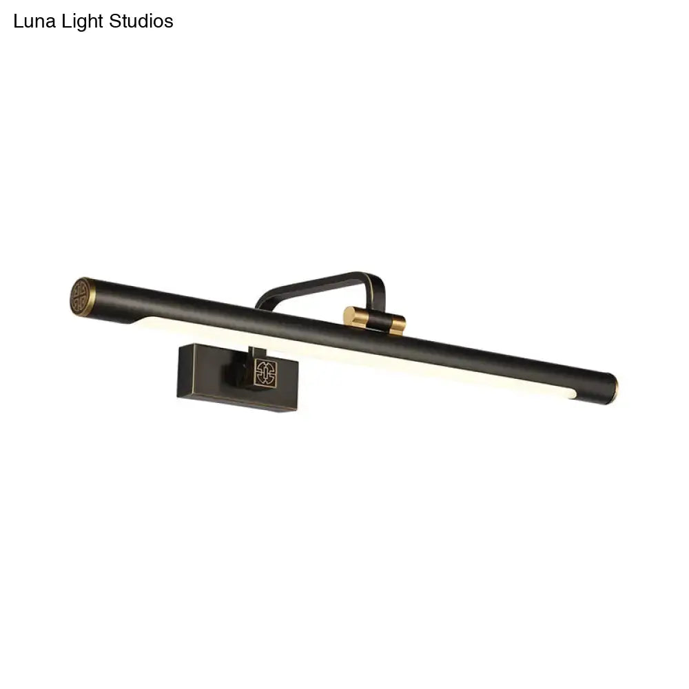 Black tubular minimalist led wall-mounted vanity mirror light fixture with matte black finish and gold accents