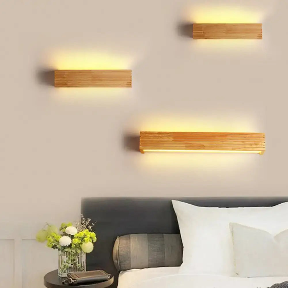 Three rectangular minimalist wood led wall sconces with natural finish and acrylic shade for bathroom light 110v-120v