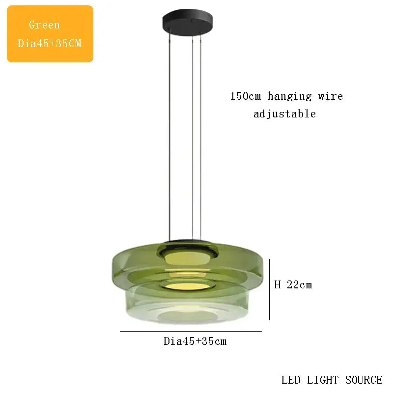 Modern green glass pendant light with sleek layered circular design and adjustable 150cm hanging wire for dining room plate ceiling pendant