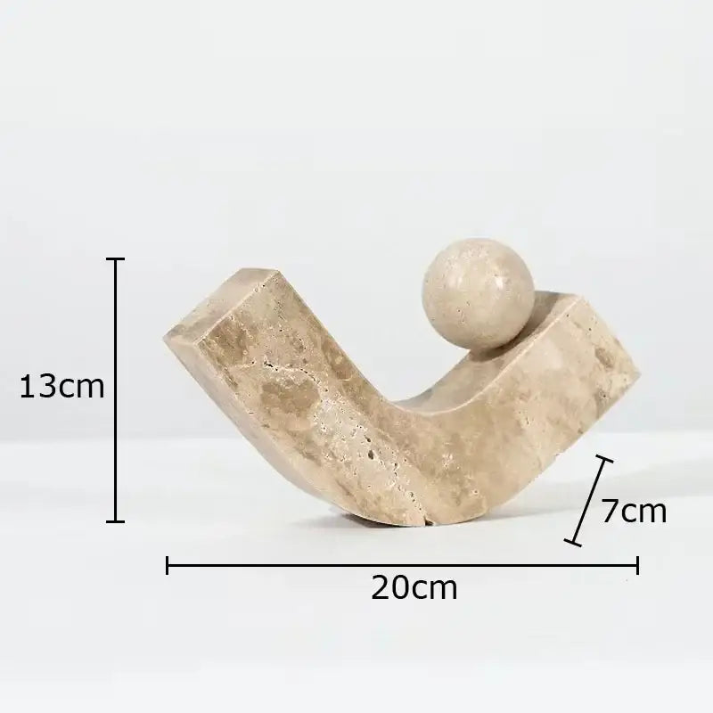 Beige marble modern geometric stone sculpture with curved abstract form and smooth sphere for desk decoration decorbites geometric stone