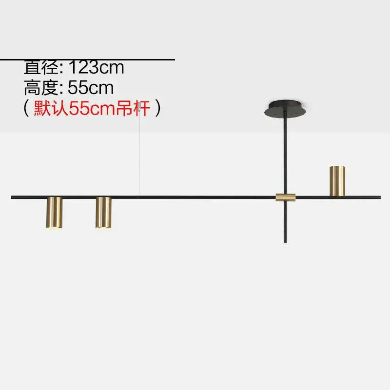 Modern black and brass minimalist dining room linear pendant light with cylindrical brass fixtures by decorbites black minimalist