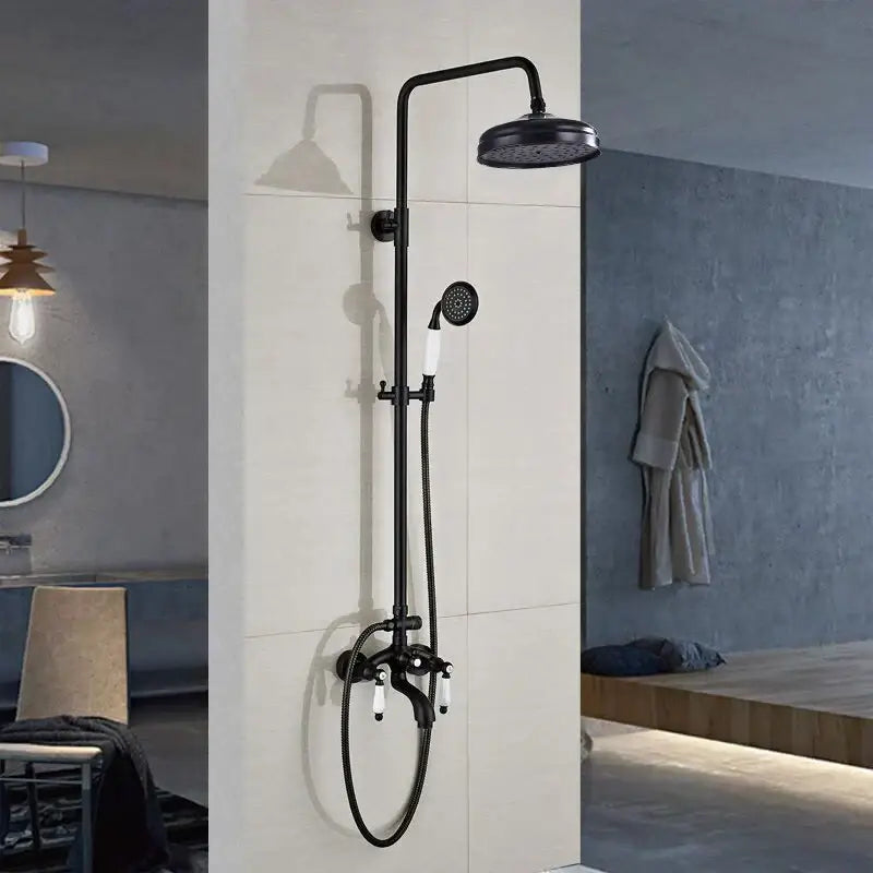 Modern black bronze shower faucet set with matte finish rainhead and white ceramic knobs for bathroom rainfall column