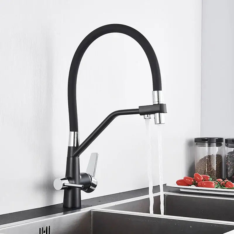 Modern black and chrome dual spout filter faucet kitchen tap with black flexible gooseneck and pull-down spray head decorbites dual spout